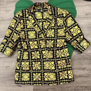 Lex Breezy Pili Blazer Womens Medium Black Gold Quilt Print Oversized Blazer